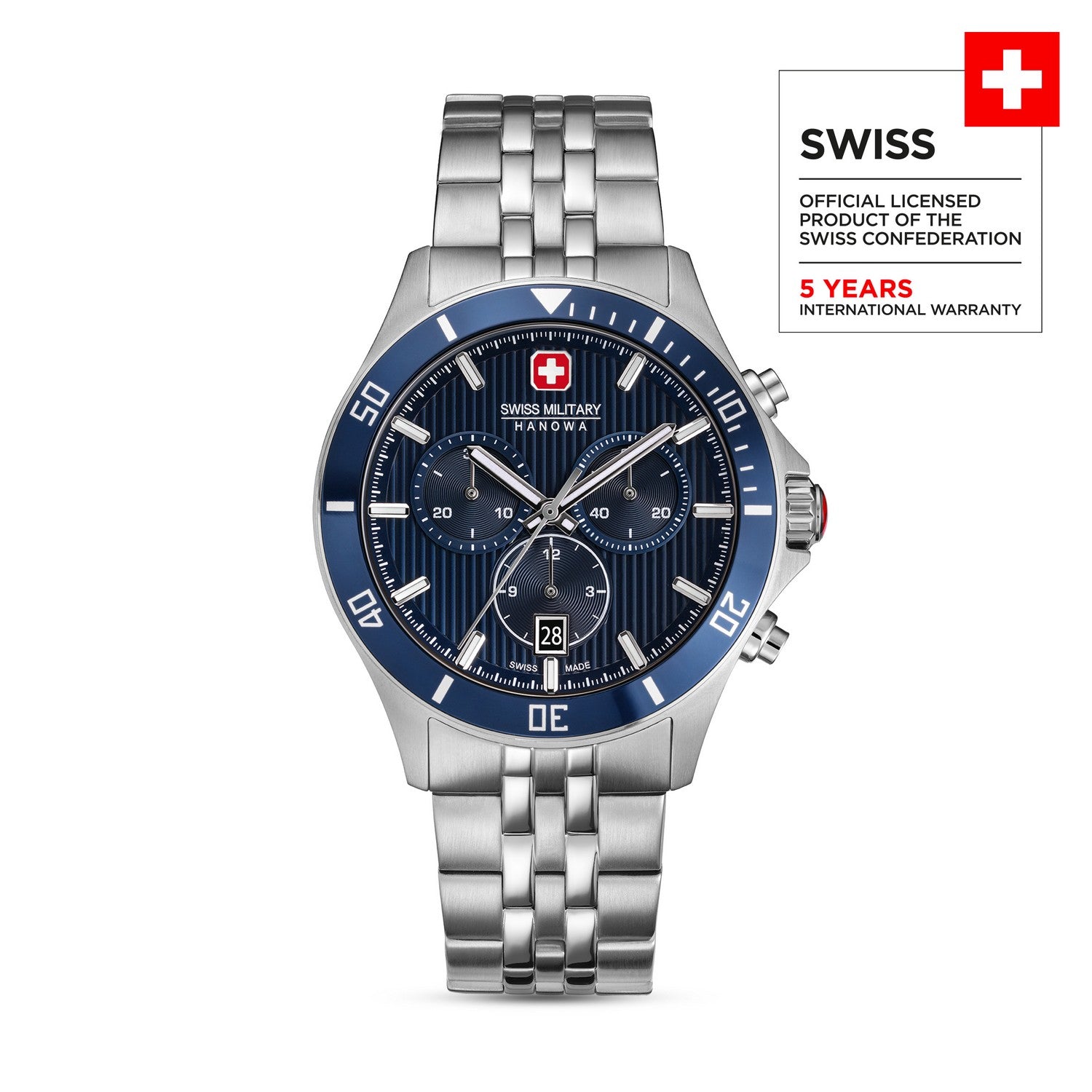 Swiss Military Hanowa watch with blue face and silver metal strap on a white background