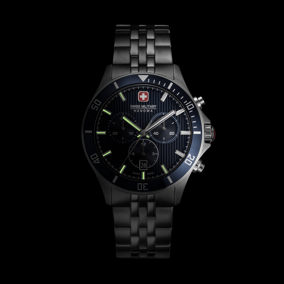 Black Swiss military watch with detailed face on a black background