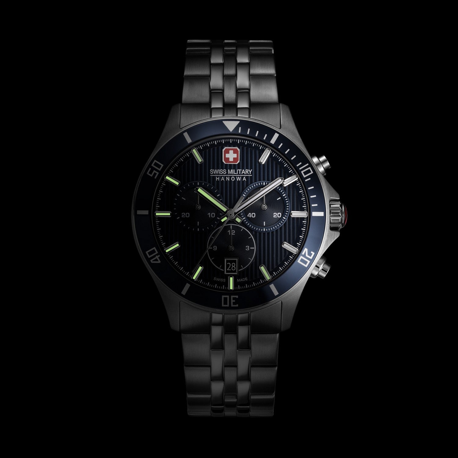 Black Swiss military watch with detailed face on a black background