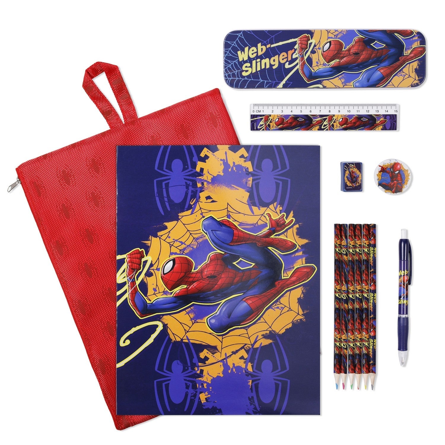 Marvel 12 Piece Bumper Stationery Set In Reusable Spiderman Pink Bag SP50059
