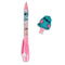 Pink pen with cartoon character design on a white background