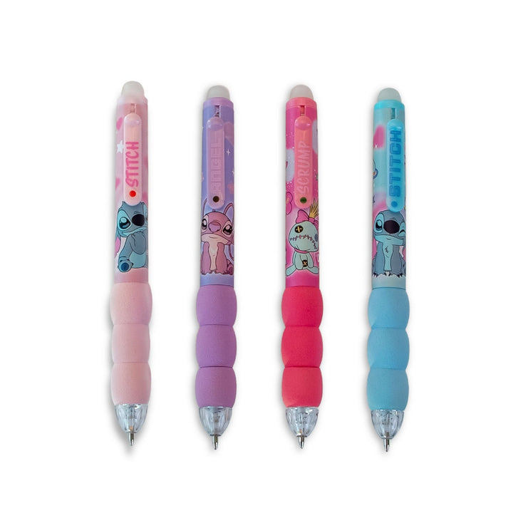 Four cartoon-themed pens with colorful designs on a white background