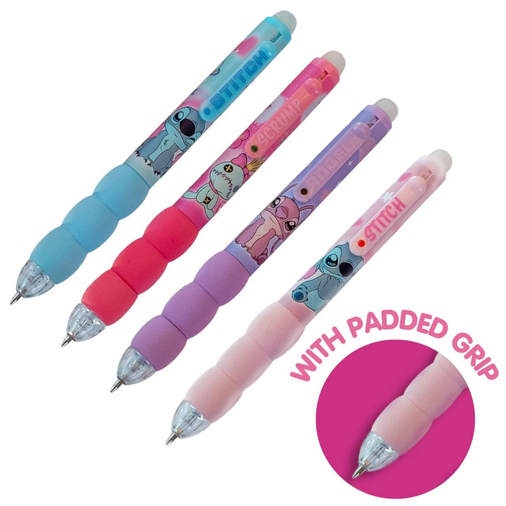 Three colorful pens with cartoon characters on a white background, featuring a close-up of one pen with 'WITH PADDED GRIP' text.