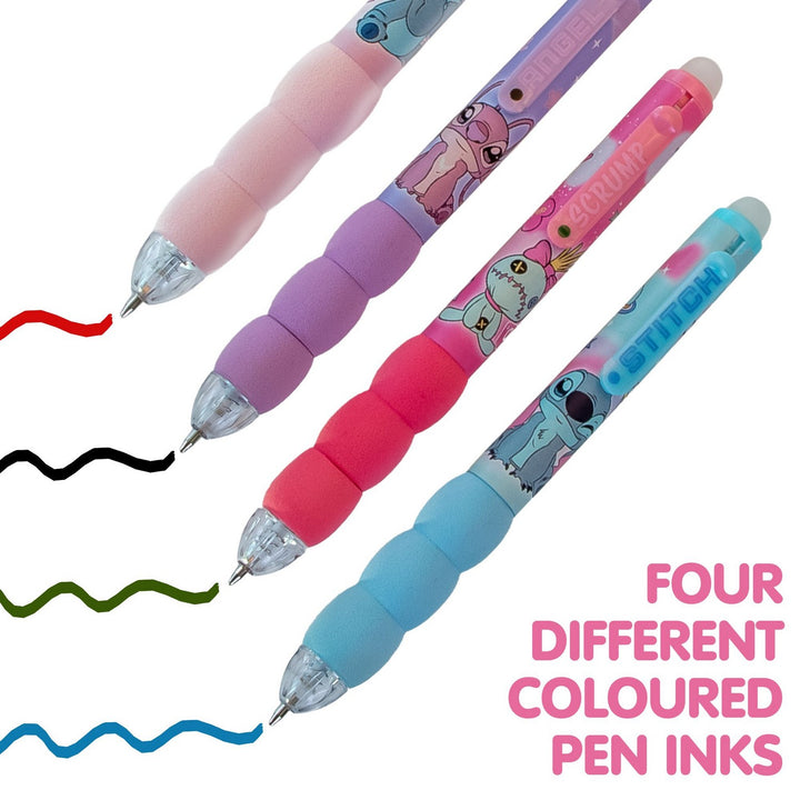 Four colorful pens with cartoon designs on a white background, showing different colored inks.