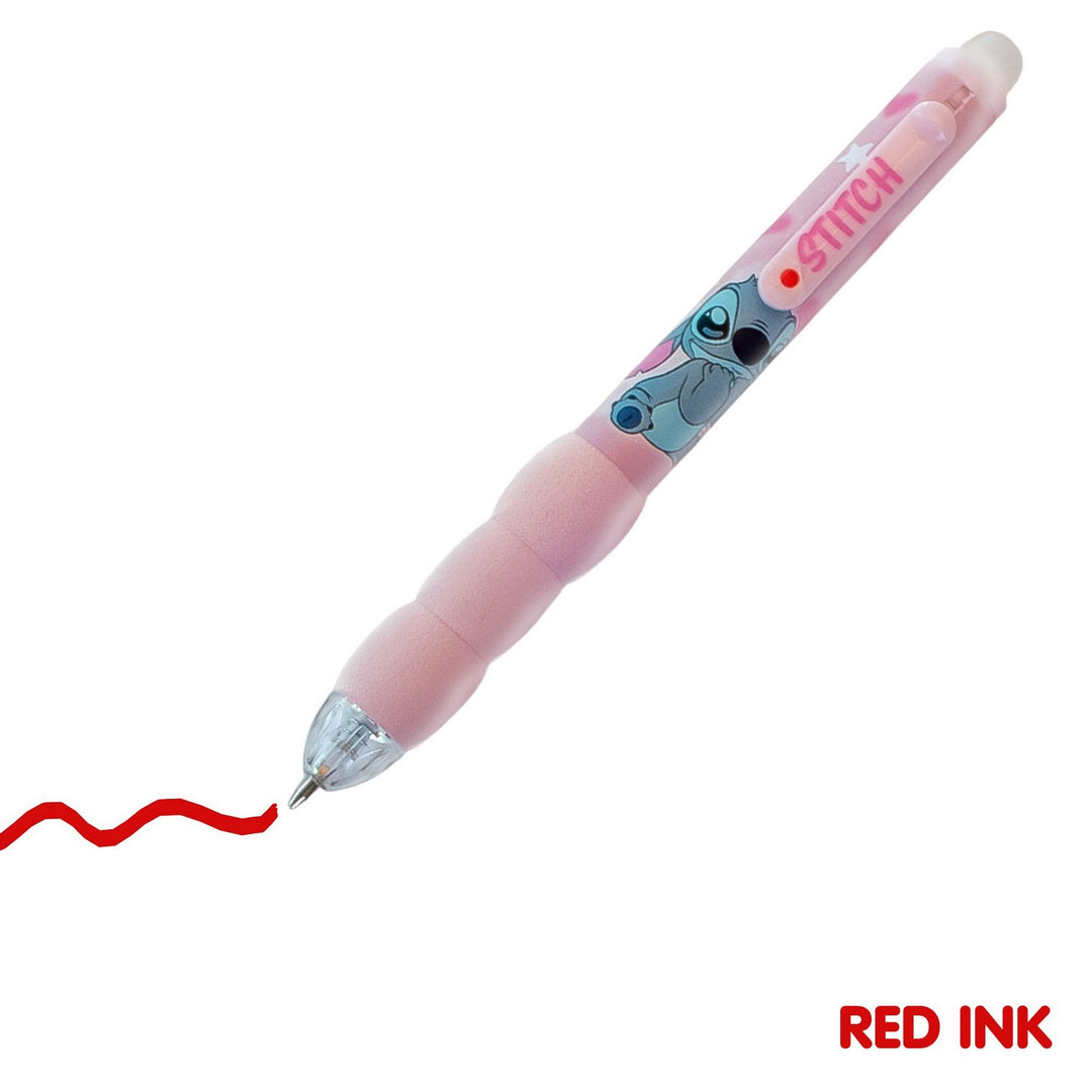 Pink pen with character design on a white background, showing red ink trail.