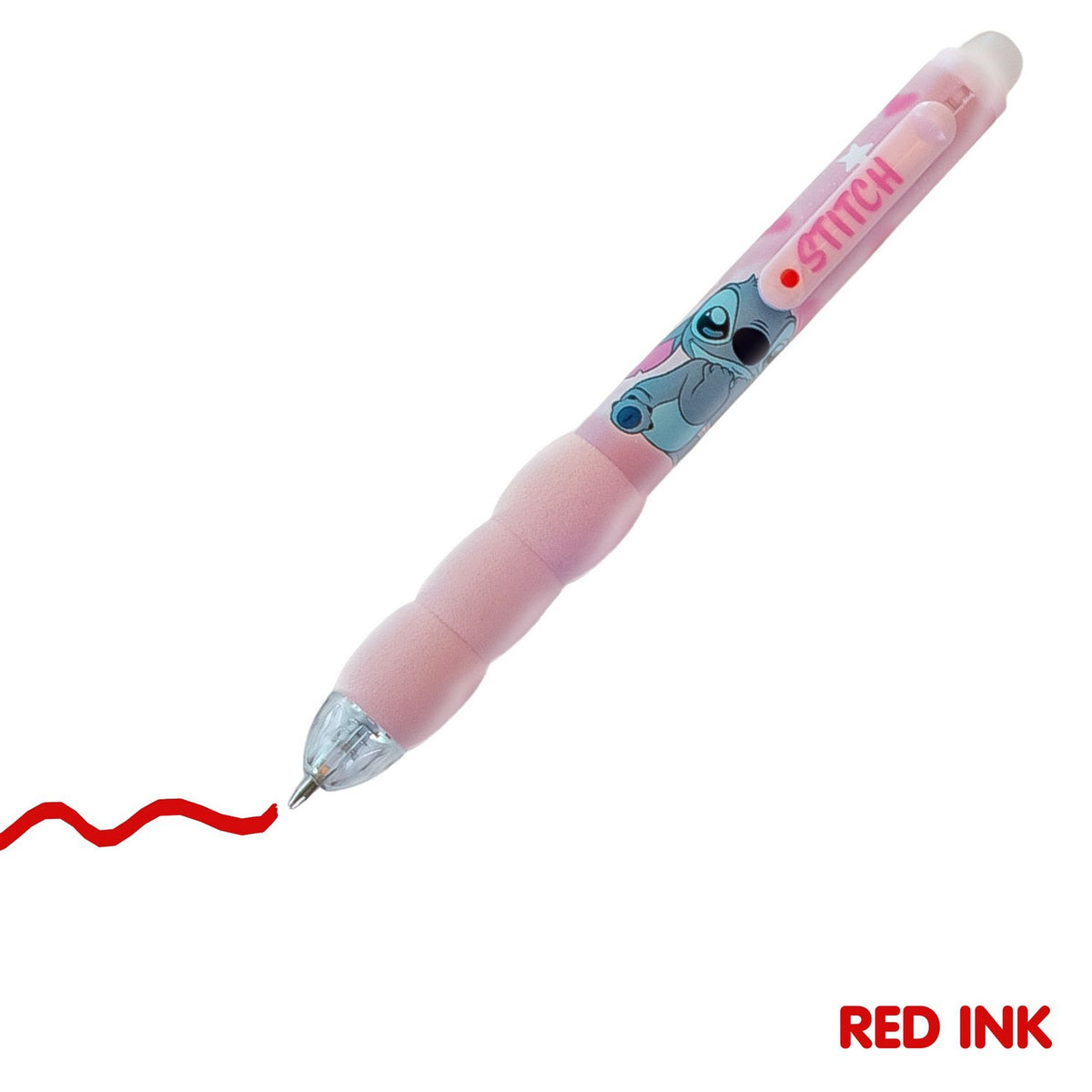 Pink pen with character design on a white background, showing red ink trail.