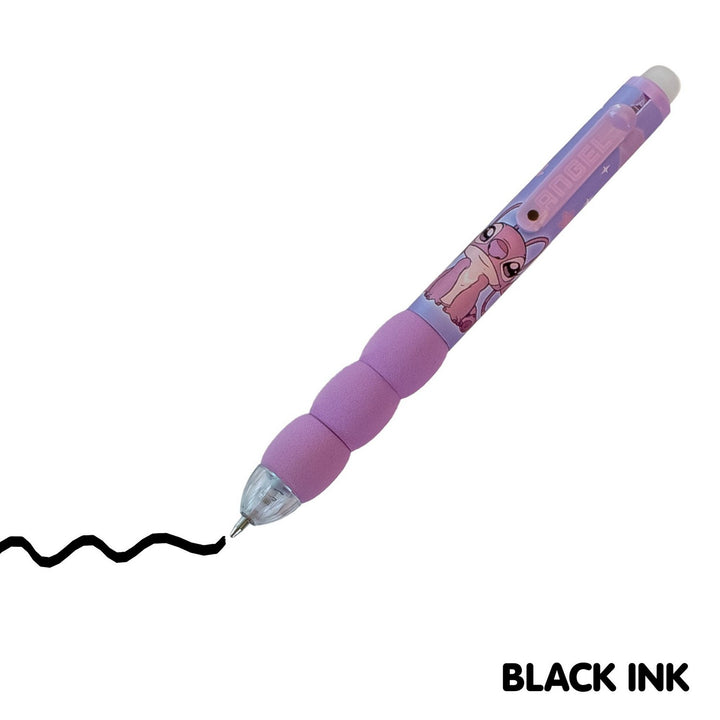 Pink pen with cartoon character on a white background, showing black ink being written.