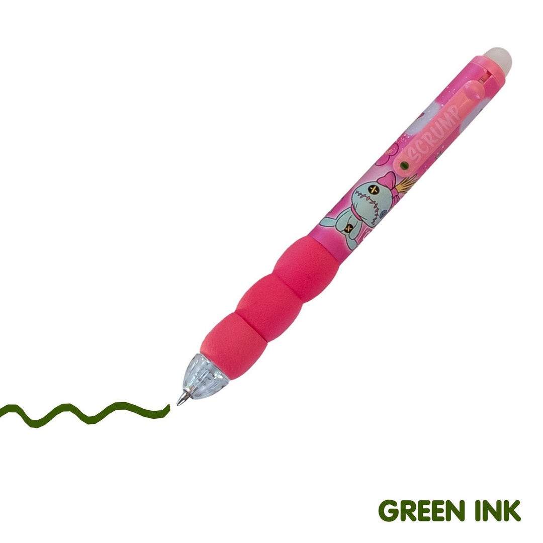 Pink pen with cartoon character and green ink on a white background