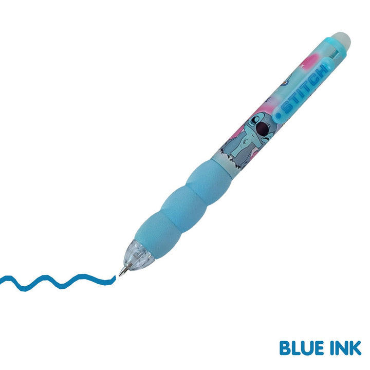 Blue pen with cartoon character design on a white background, writing blue ink.