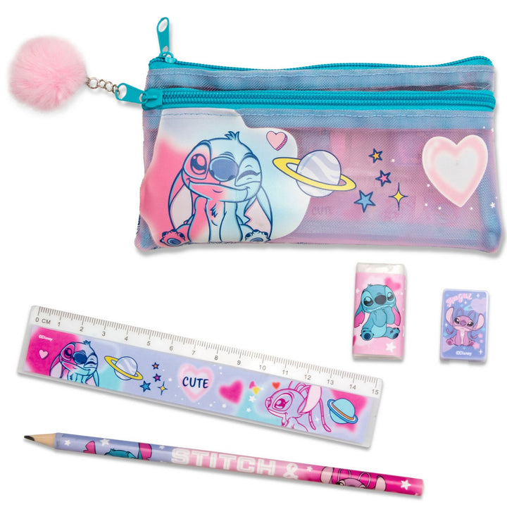 Pencil case, ruler, and stationery items with cartoon character design on a white background