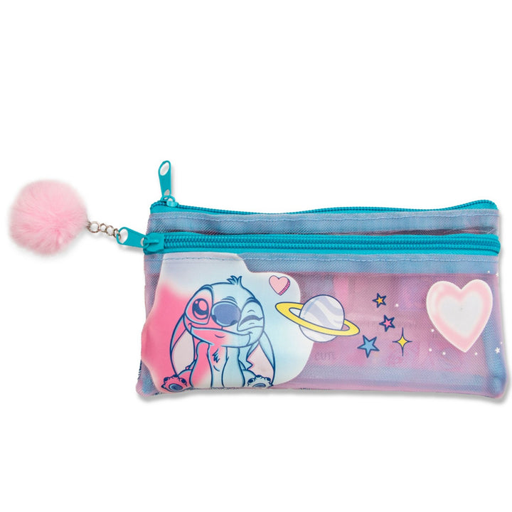 Pencil case with cartoon character and colorful design on a white background
