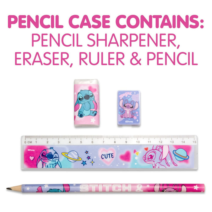 Pencil case with stationery items featuring cartoon characters on a white background
