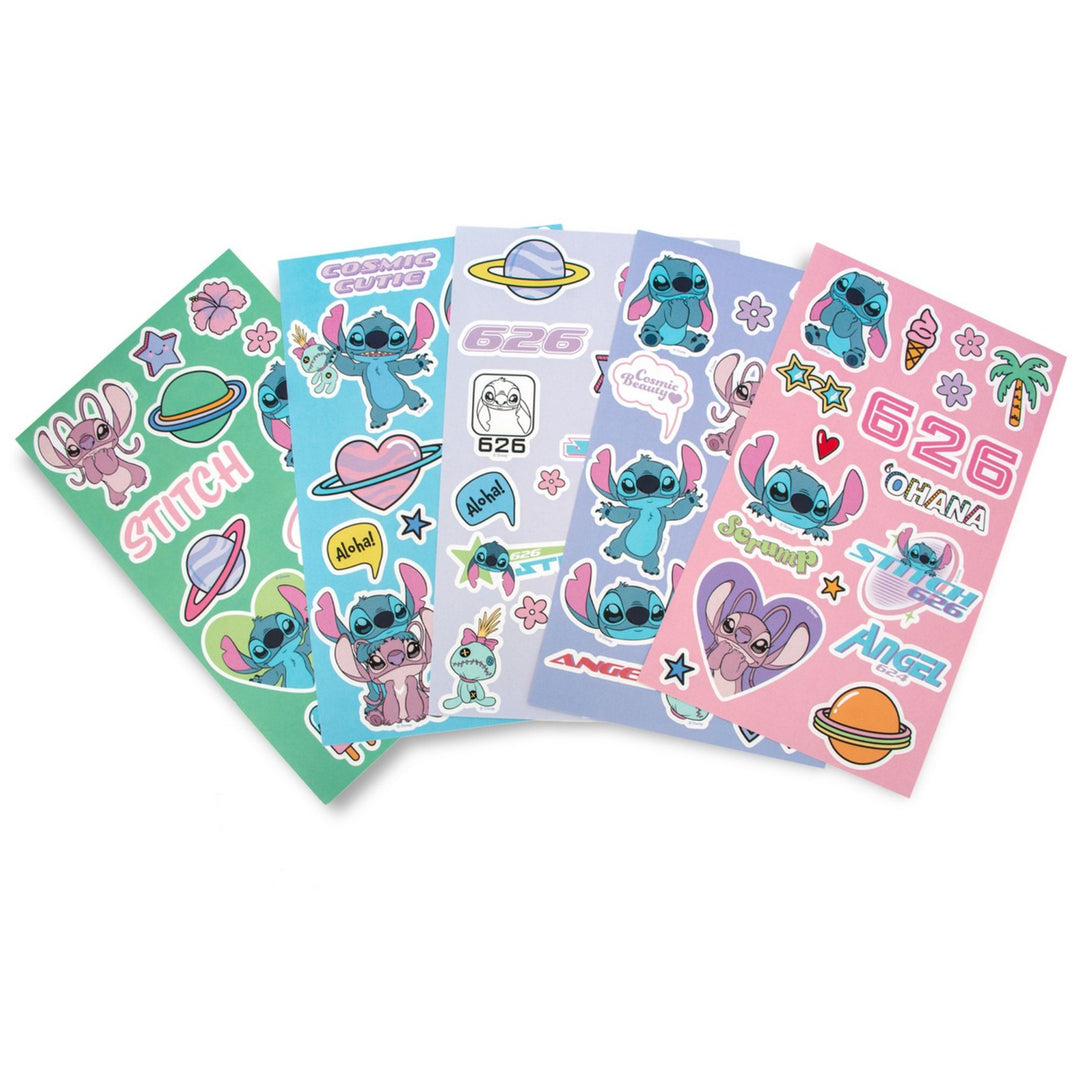 Five sheets of 'Stitch' themed stickers on a white background