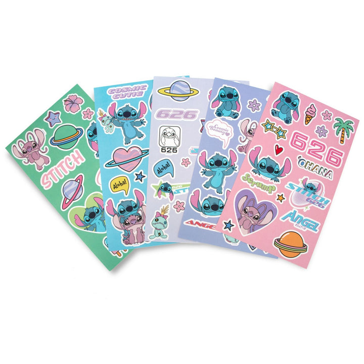 Five sheets of 'Stitch' themed stickers on a white background