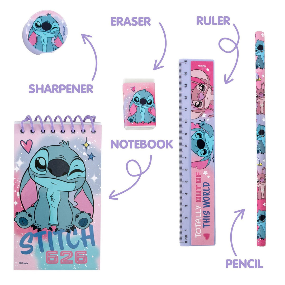 Stationery set with Stitch design including notebook, pencil, ruler, and eraser on a white background.