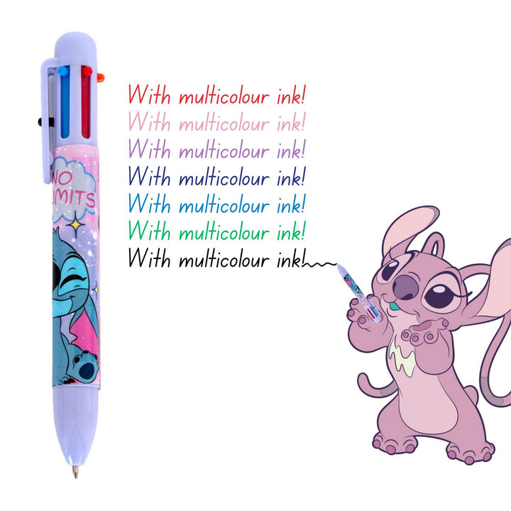 Pen with multicolor ink and cartoon character holding the pen on a white background