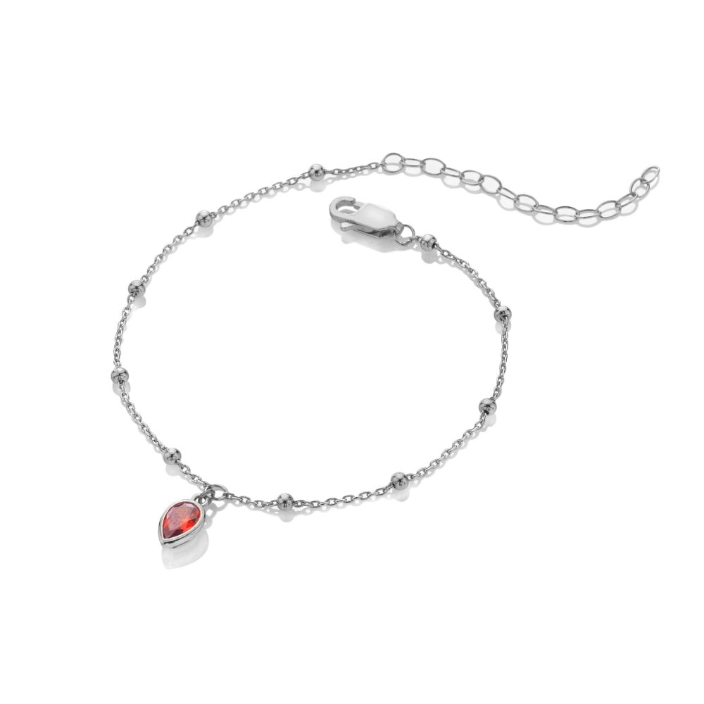 Silver bracelet with a red teardrop charm 