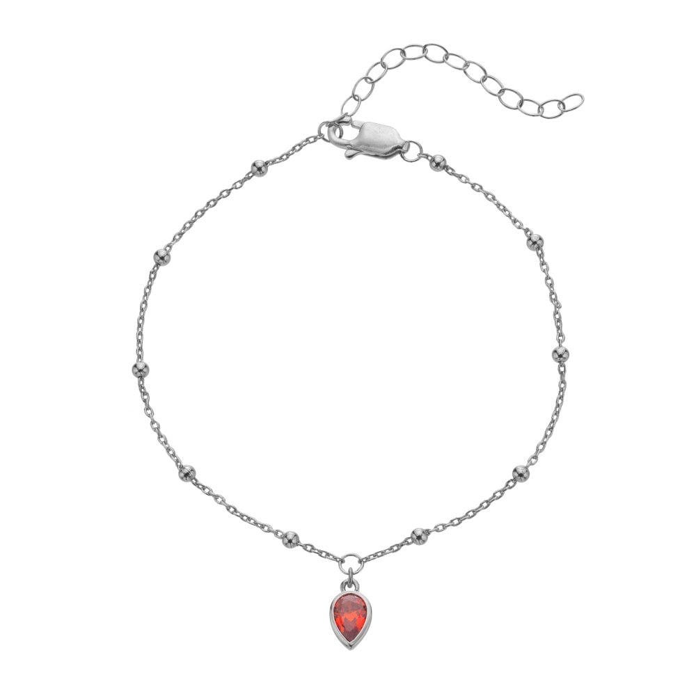 Silver bracelet with a red teardrop pendant 