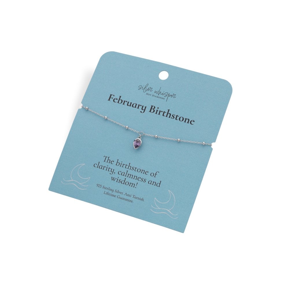 Silver bracelet with a purple gemstone on a blue card with text about February birthstones.