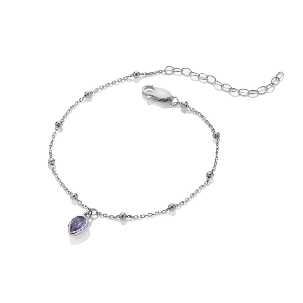 Silver bracelet with a purple teardrop charm 