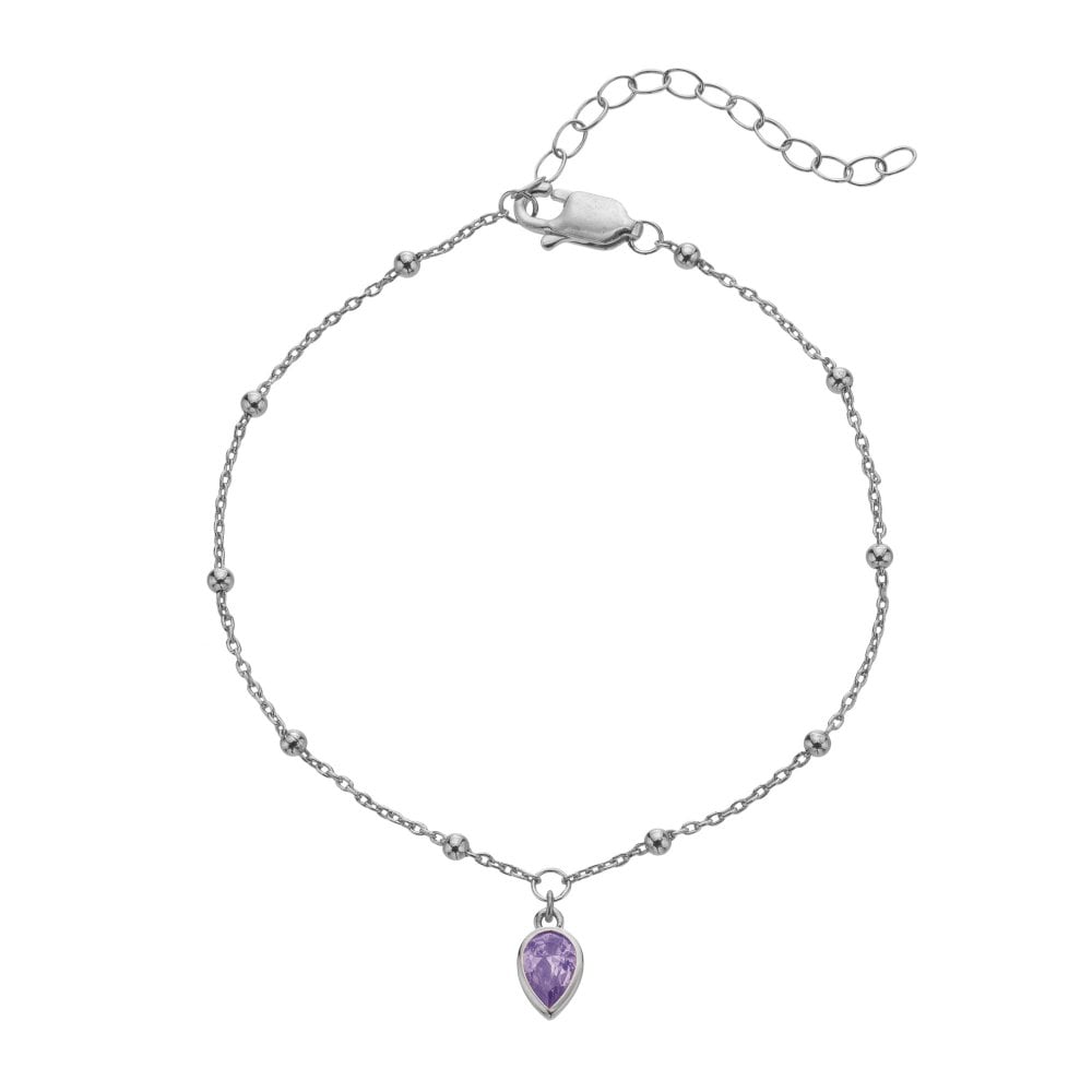 Silver bracelet with a purple teardrop-shaped gemstone