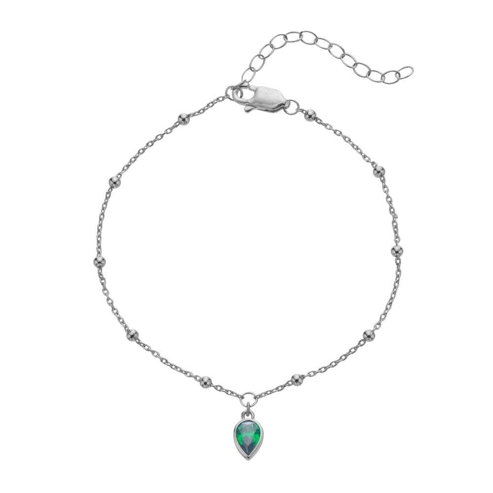 Silver bracelet with a green teardrop pendant 