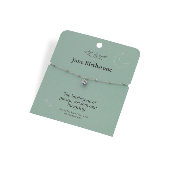 Bracelet on a green card with 'June Birthstone' text 