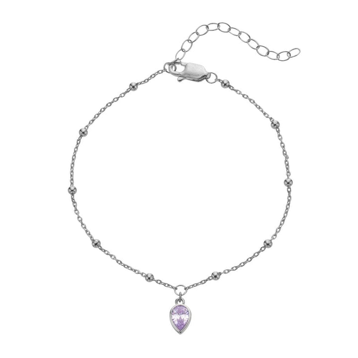 Silver bracelet with a purple teardrop-shaped pendant 