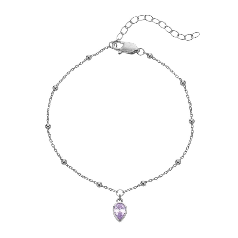 Silver bracelet with a purple teardrop-shaped pendant 