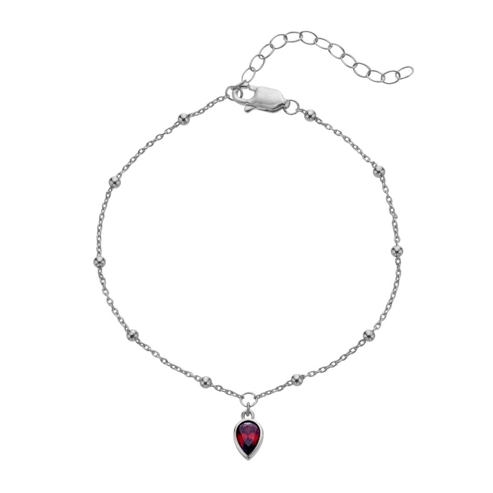 Silver bracelet with a teardrop-shaped red gemstone 