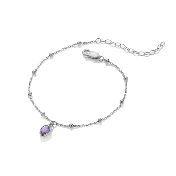 Silver bracelet with a purple teardrop charm 
