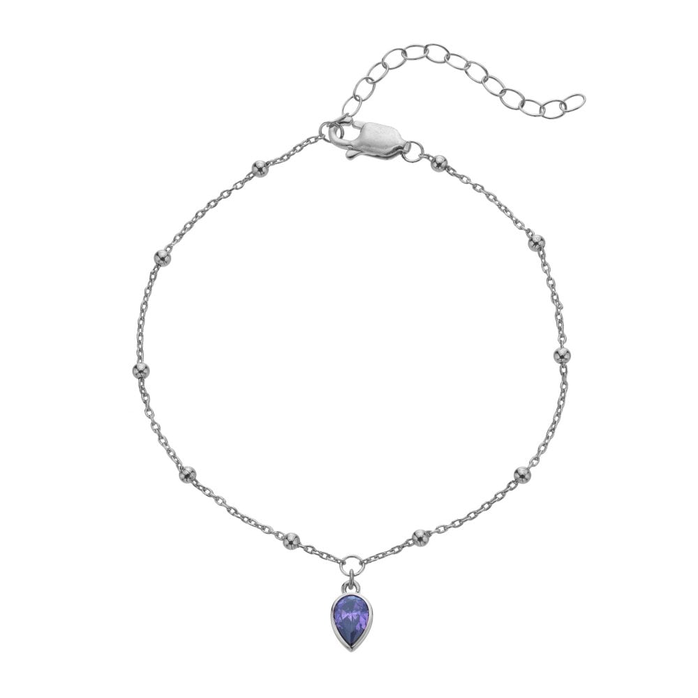 Silver bracelet with a purple teardrop pendant 