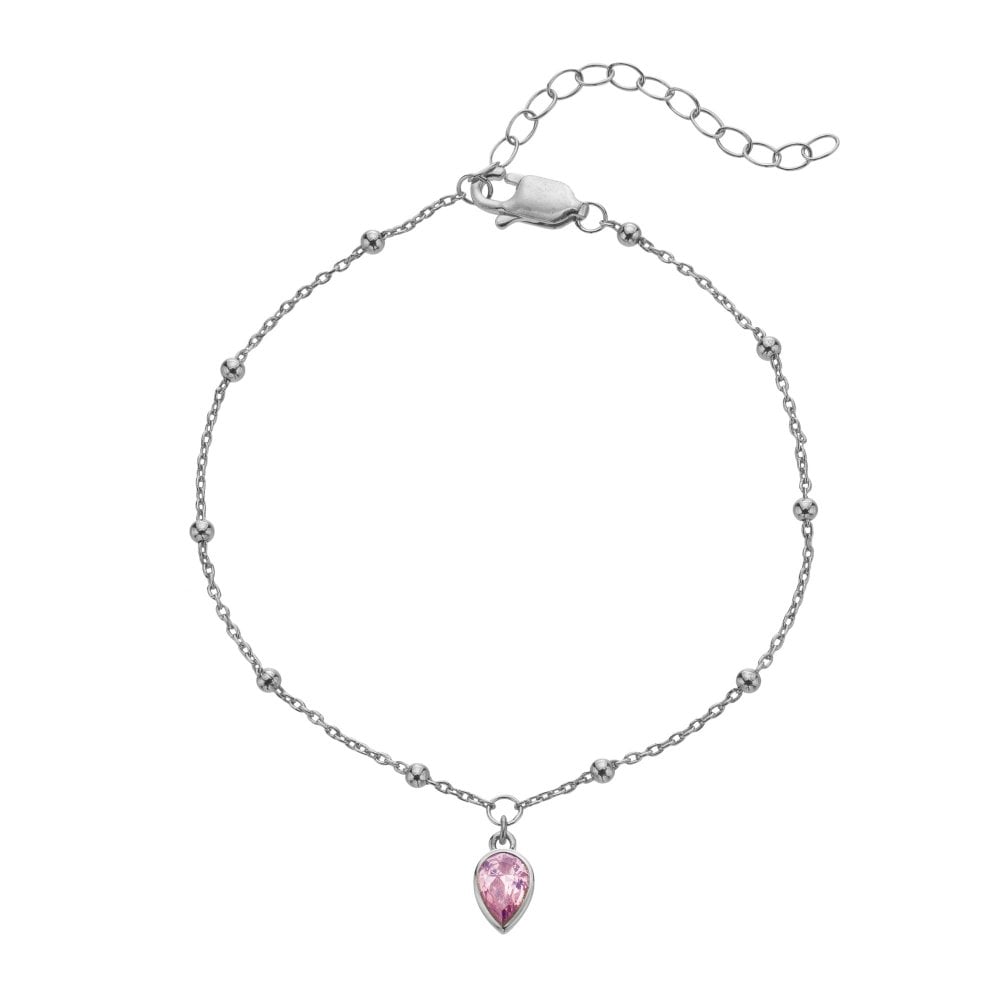 Silver bracelet on a pink card with text about October birthstone