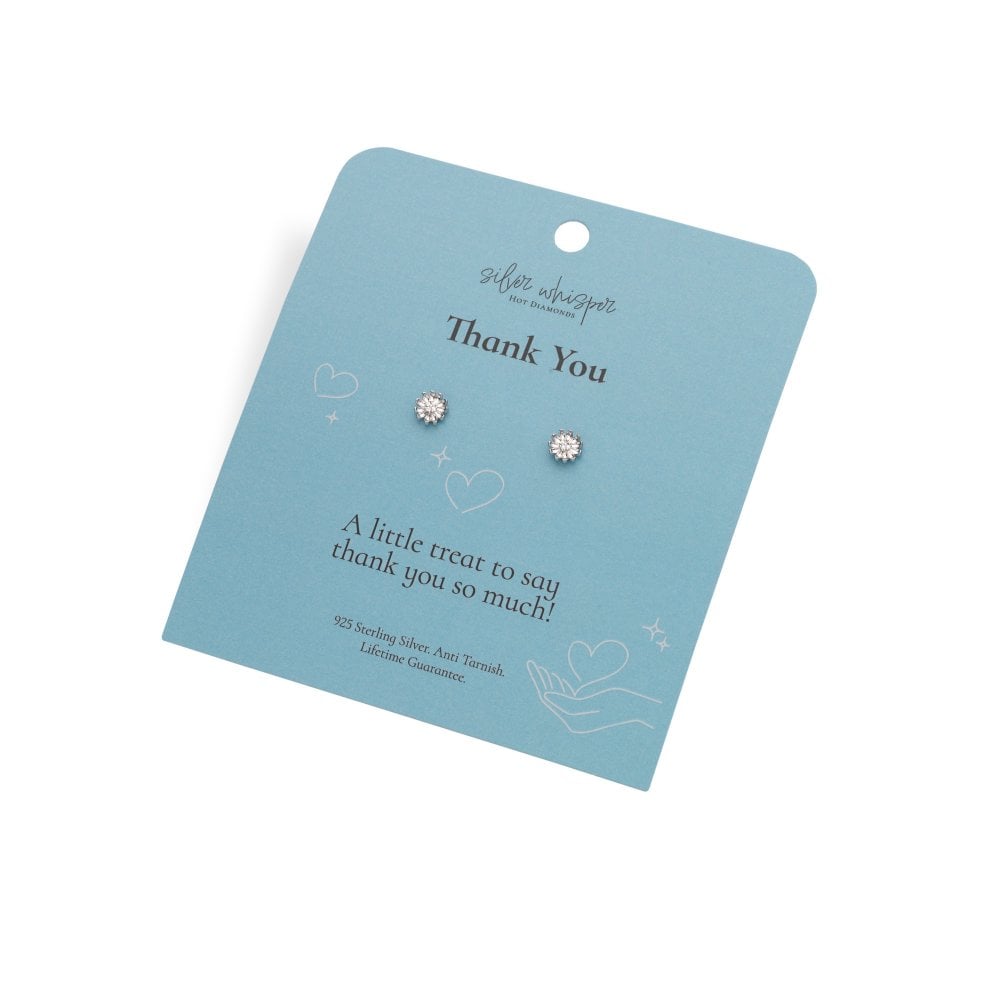 Pair of silver earrings on a 'Thank You' card with branding and text.