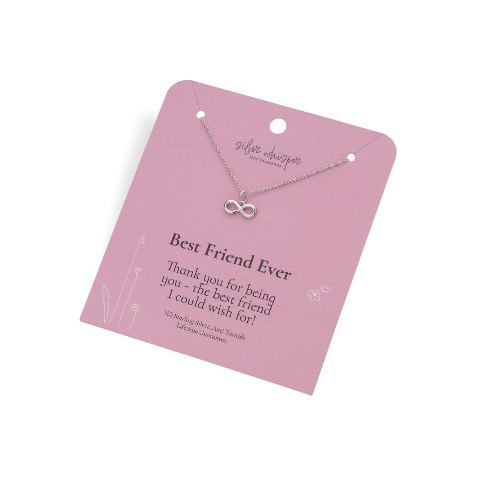 Necklace with infinity symbol on a pink card with text