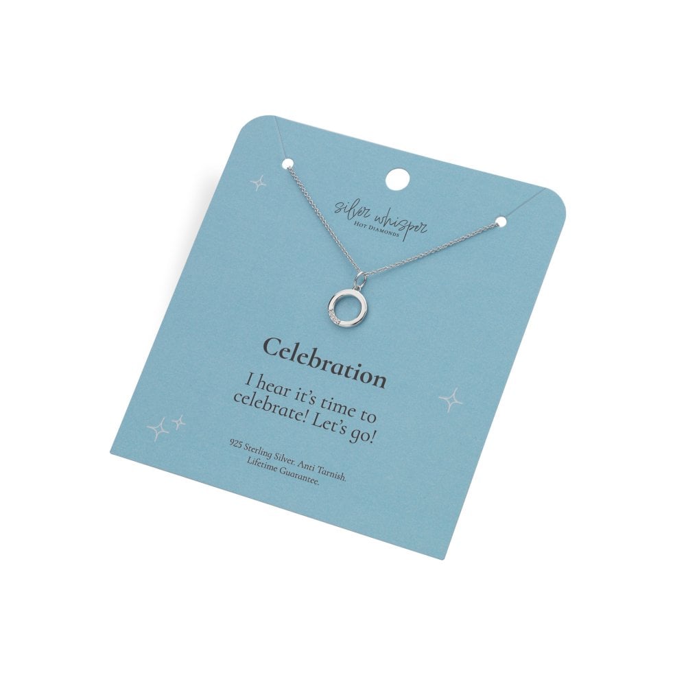 Necklace on a blue card with 'Celebration' text and Oliver Bonas branding.