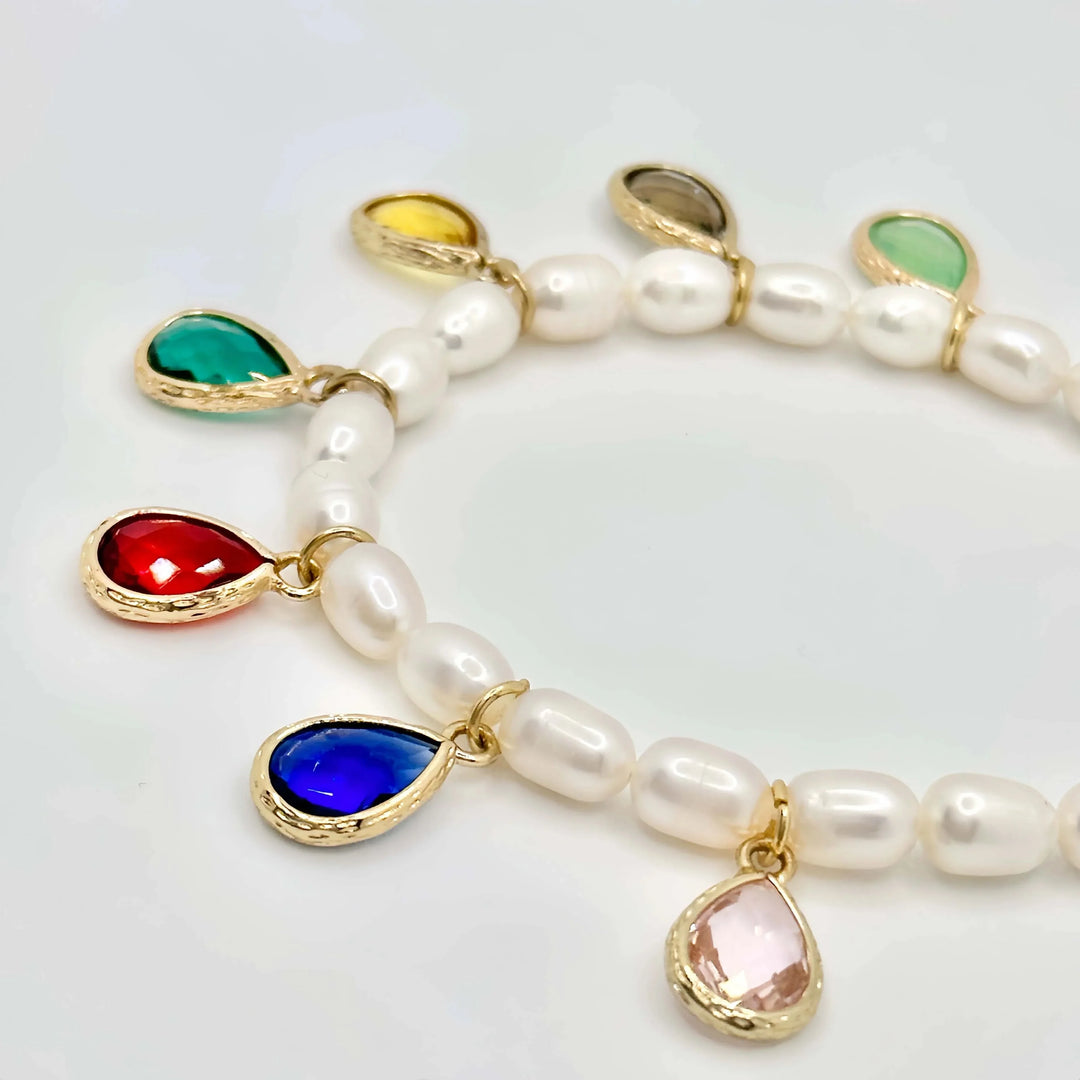 Beaded Pearl Rainbow Charms Necklace- Earrings- Bracelet Set