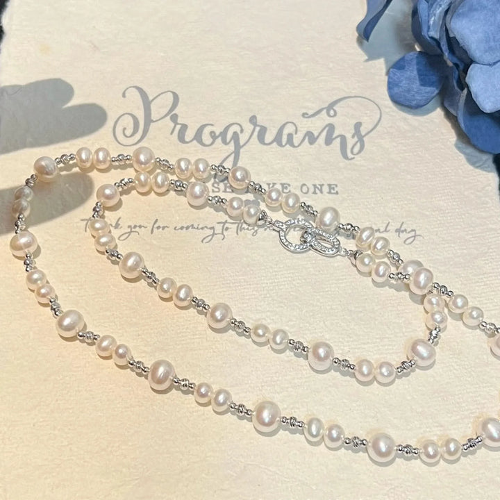 Silver & Gold Long Pearl Chain Necklace ✨