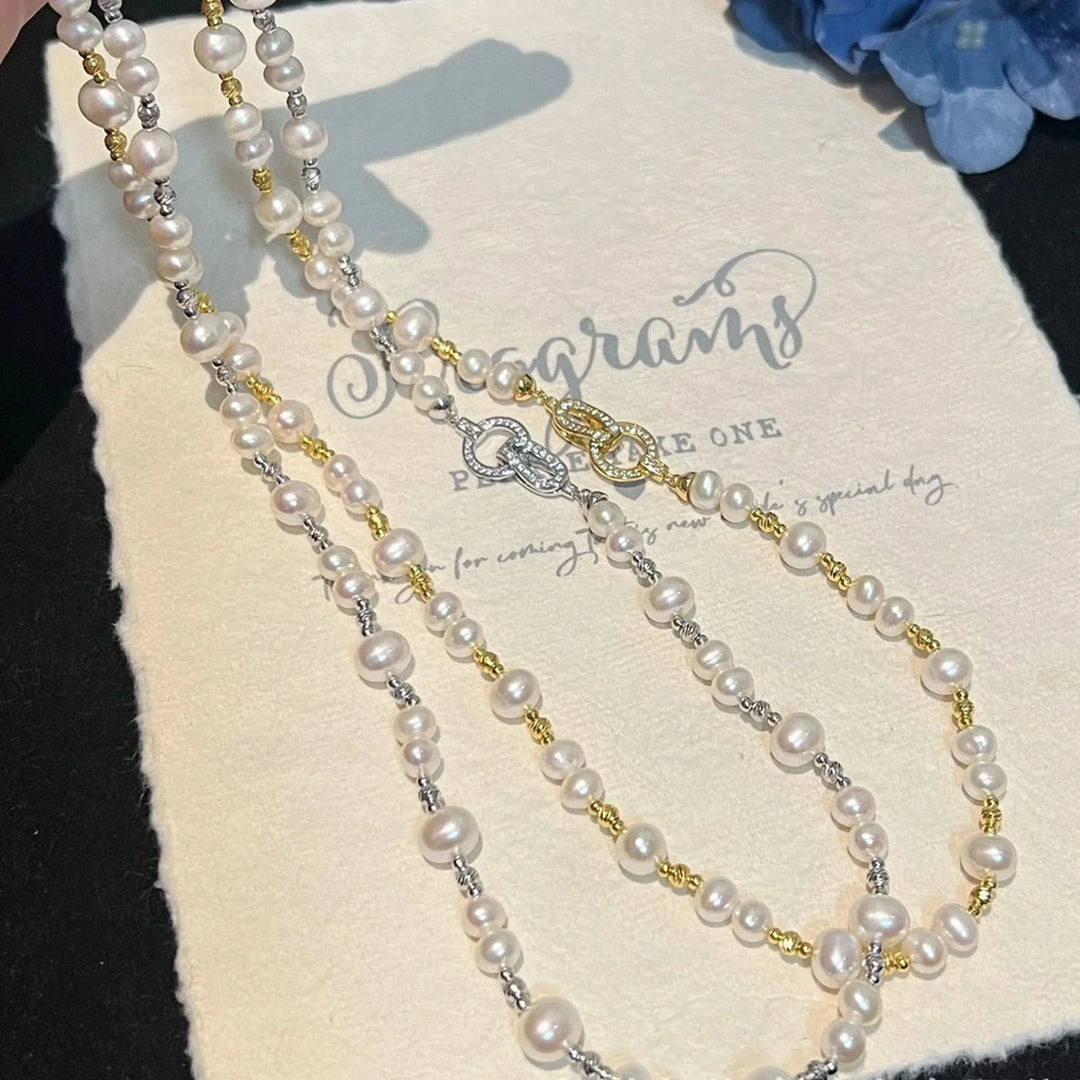Silver & Gold Long Pearl Chain Necklace ✨