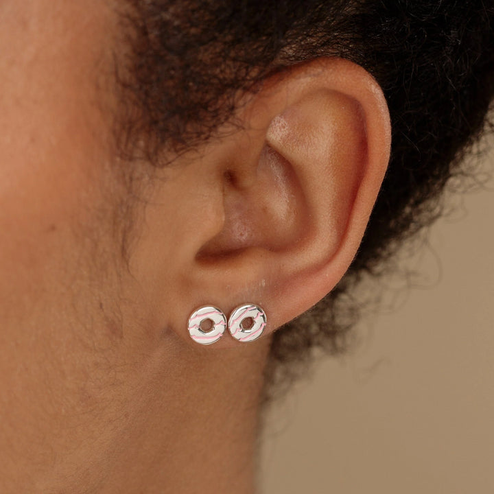 Silver Party Ring Biscuit Stud Earrings with Pink Enamel SESPPR