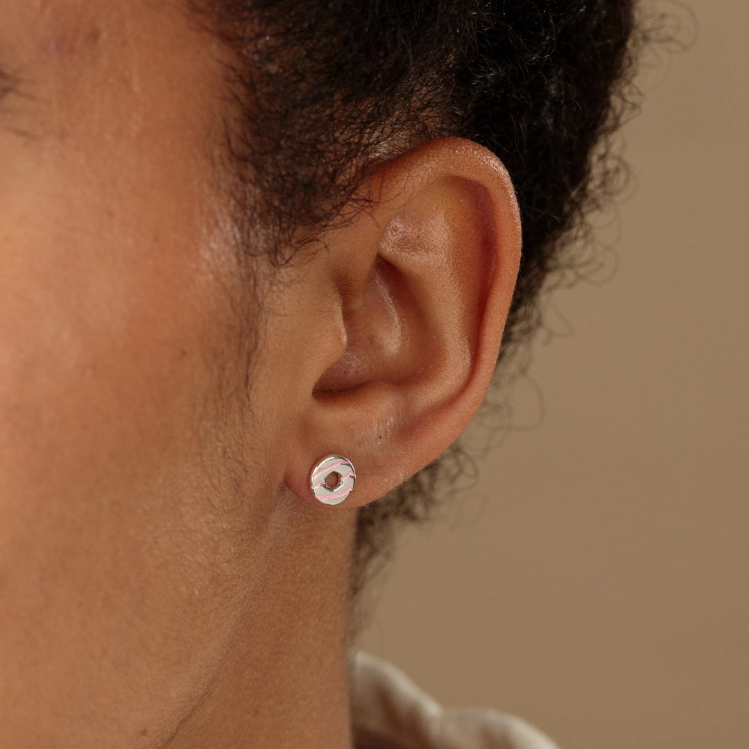 Silver Party Ring Biscuit Stud Earrings with Pink Enamel SESPPR