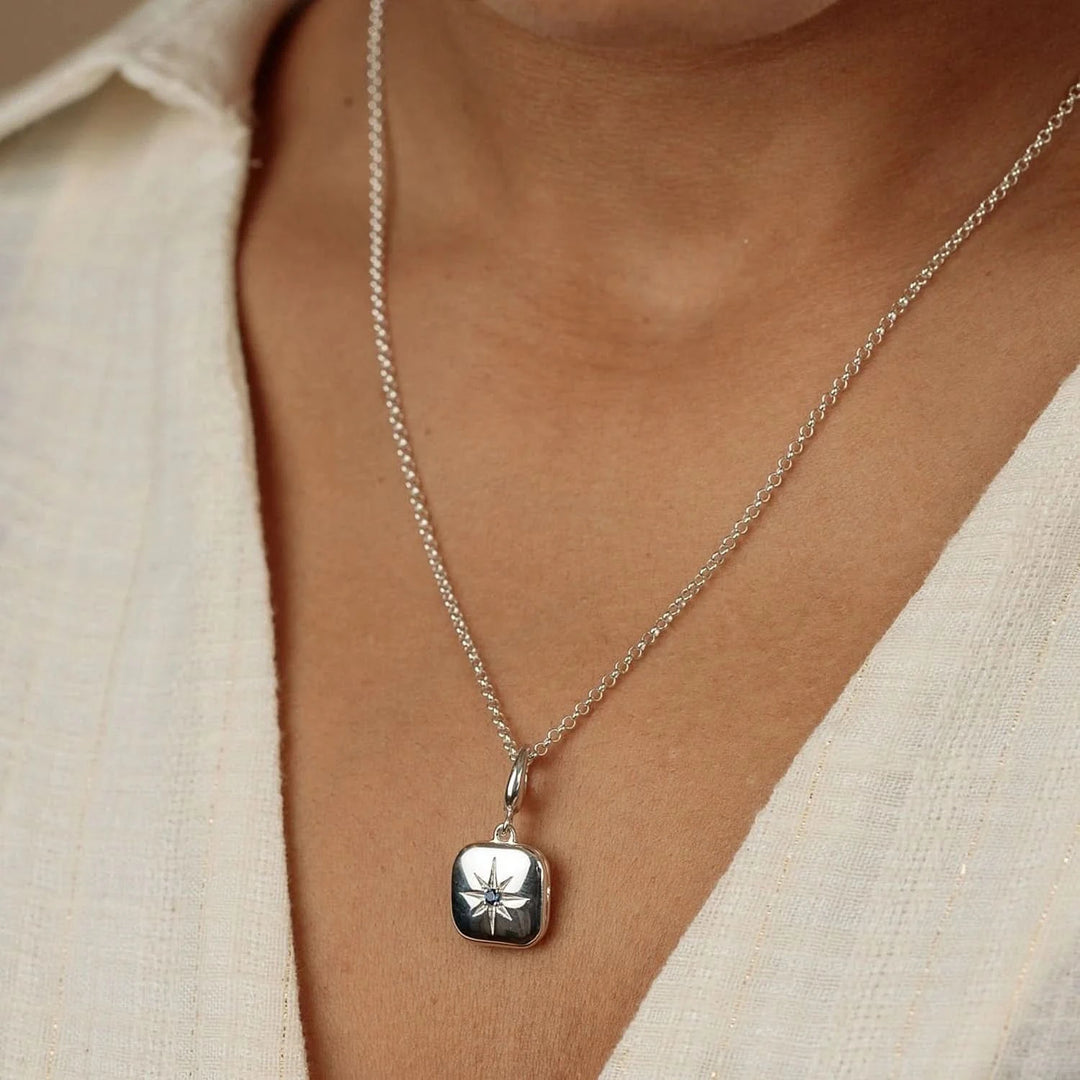 Silver Star Locket Necklace with Blue Stone CNSSLBL-1