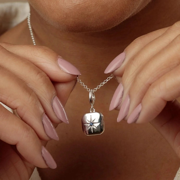 Silver Star Locket Necklace with Blue Stone CNSSLBL-1