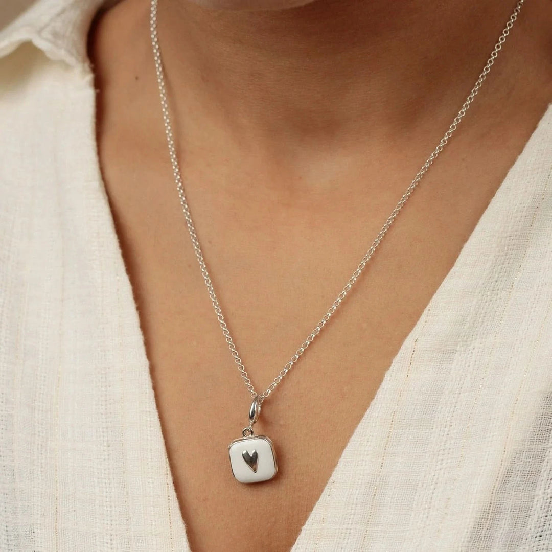 Silver White Heart Locket Necklace CNSHLWH-1