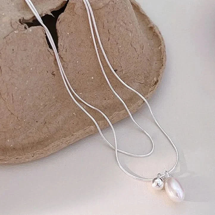 Silver Layered Baroque Pearl Drop Necklace
