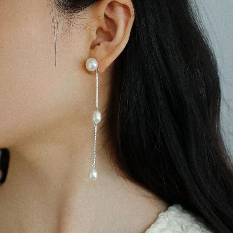 Silver Chain Tassel Pearl Earrings