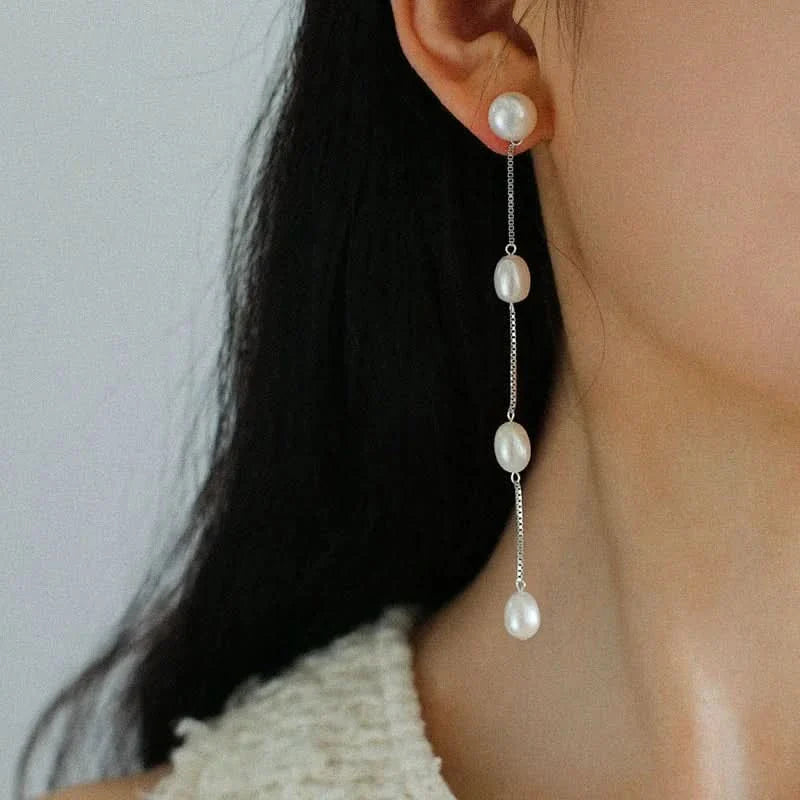 Silver Chain Tassel Pearl Earrings