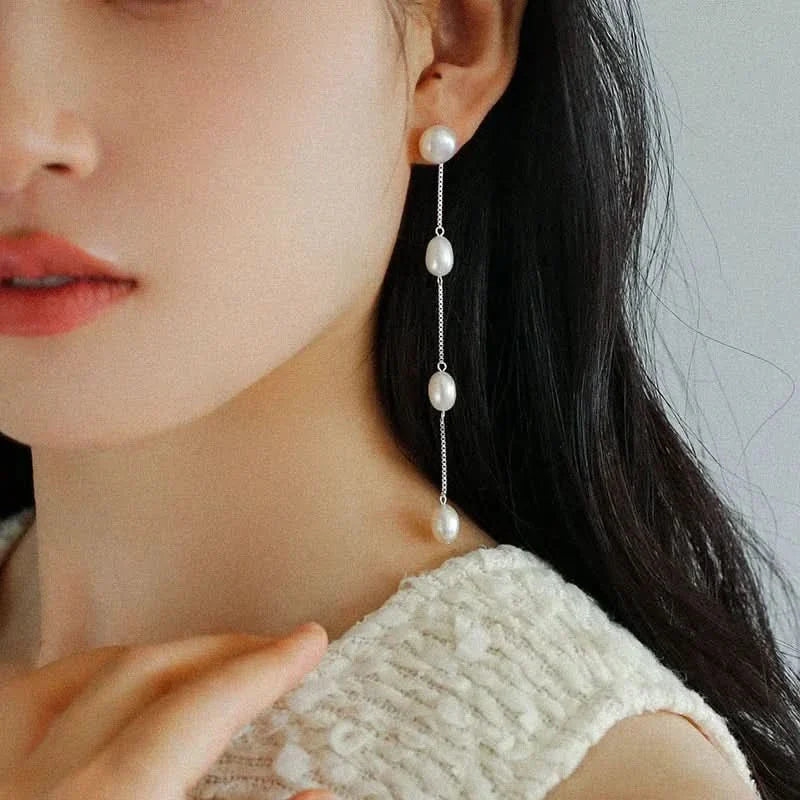 Silver Chain Tassel Pearl Earrings