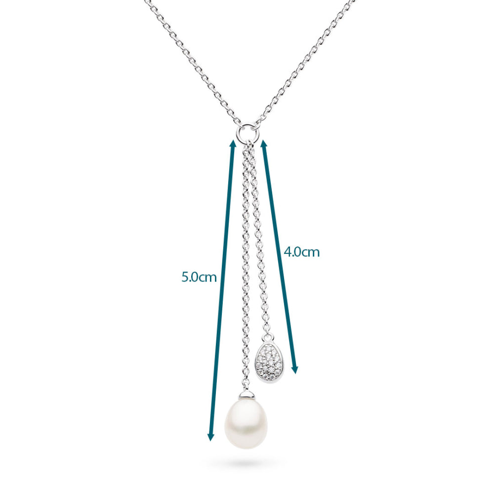 Necklace with a pearl pendant and chain measurements on a white background