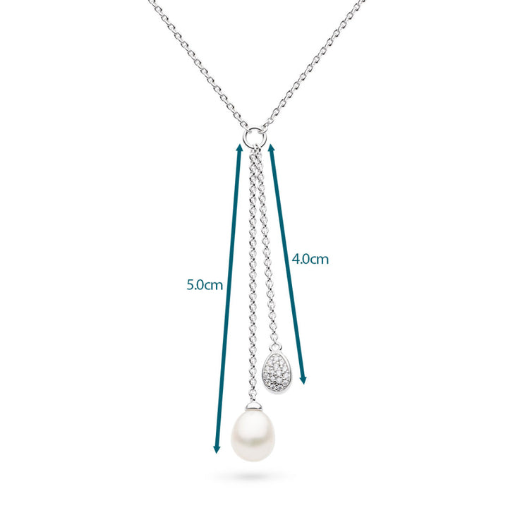 Necklace with a pearl pendant and chain measurements on a white background